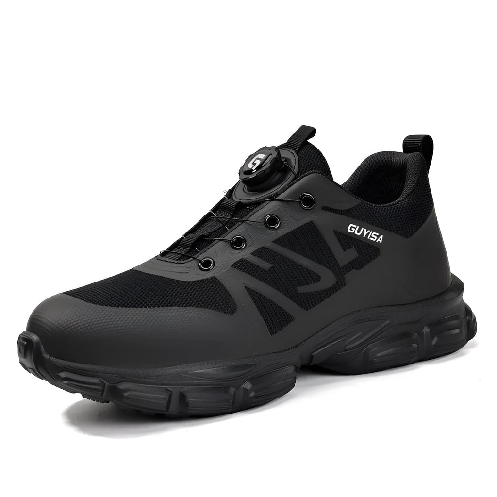 Black lightweight safety shoes with a flyknit upper, steel toe cap, and TPU sole.
