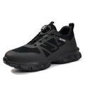 Black lightweight safety shoes with a flyknit upper, steel toe cap, and TPU sole.
