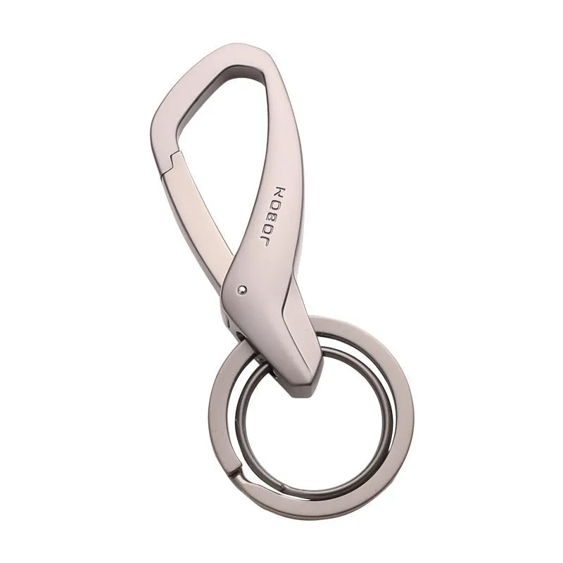 Black zinc alloy double ring keychain for car keys, shown attached to a belt loop.