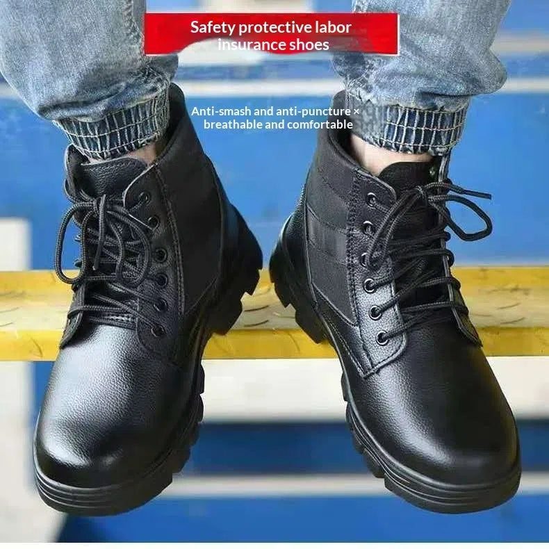 Black high-top leather safety shoes for men with steel toe cap, rubber outsole, and lace-up front