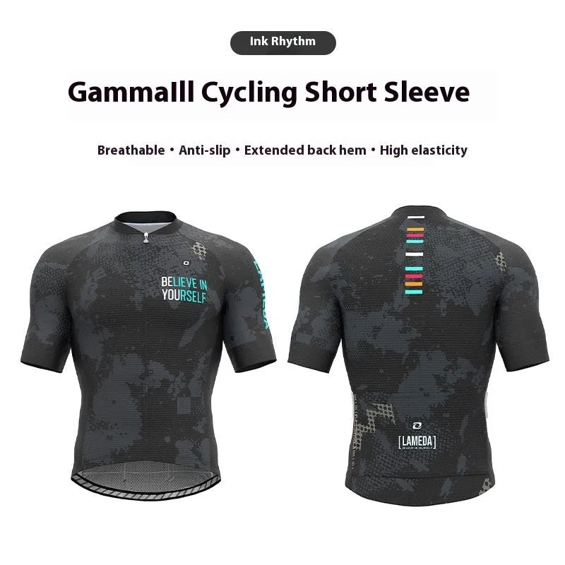 Short-sleeve cycling jersey top in polyester with moisture wicking for mountain and highway bike rides