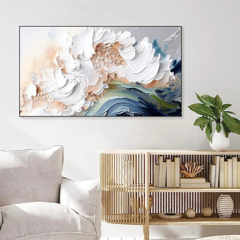 Modern abstract handmade oil painting heavy texture white waves unframed large canvas wall art