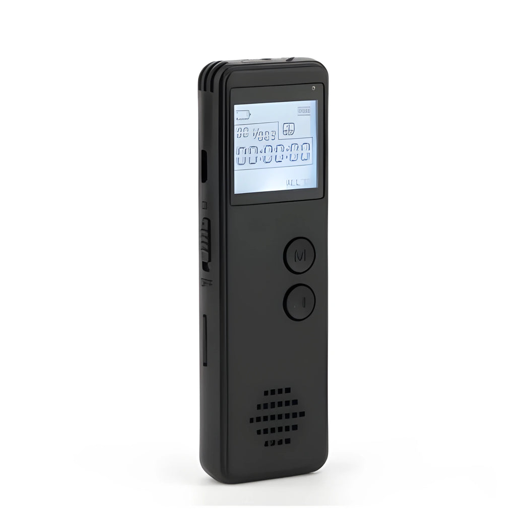 Black matte-finish digital voice recorder showing dot-matrix screen, record button, and USB port.