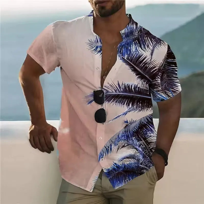 Men's floral printed beach shirt in loose cardigan style with short sleeves