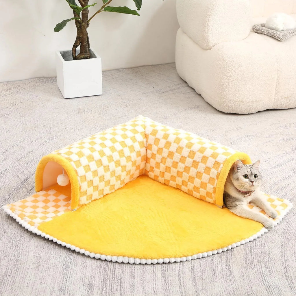 XL yellow plush pet bed with a connected tunnel and granular anti-slip base.