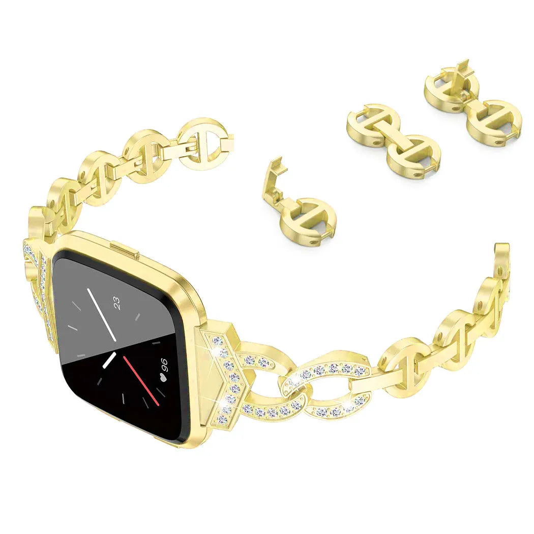 Diamond metal watch strap for Fitbit Versa in silver, black or rose gold, 178mm, tool-free adjustment