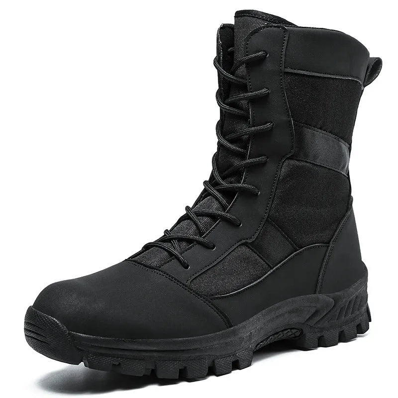 Men's black and camouflage high-top Martin boots with mesh upper and totem detailing