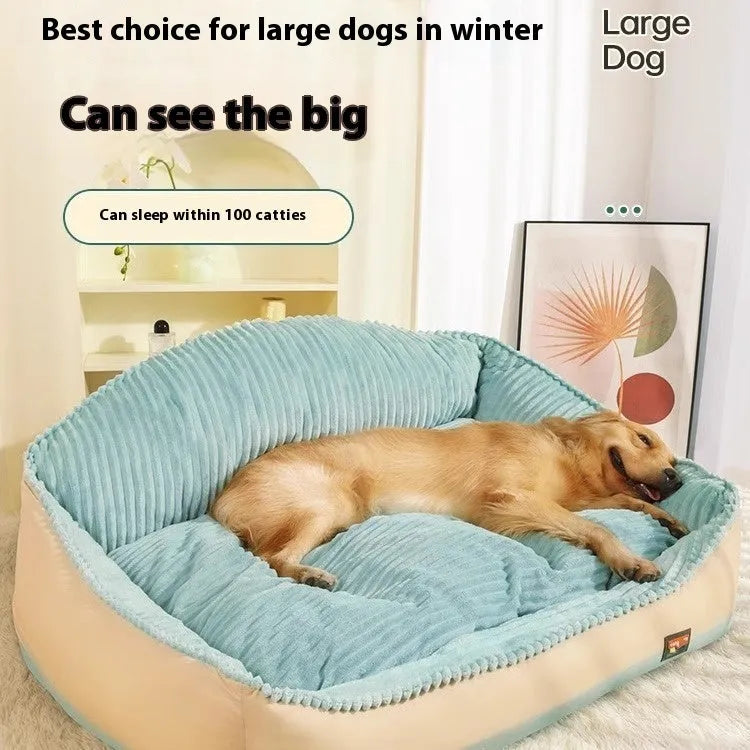 Morandi colour washable dog sofa bed with removable cover, shown in M and L sizes.
