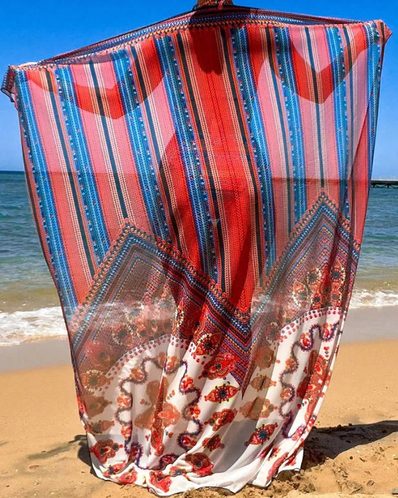 Women's three-piece swimsuit set in pictured colour, showing cutout top, high-waist shorts, and short-sleeved cover-up coat laid flat.