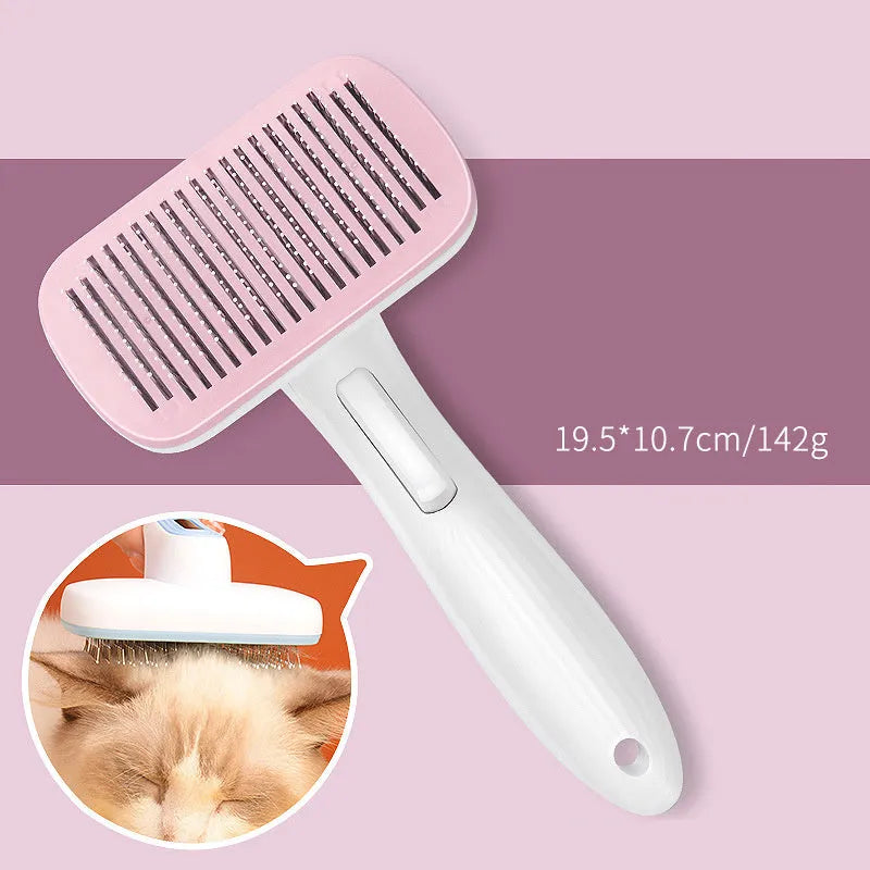 Blue automatic hair removal comb for pets on a white background, showing its 10.7cm by 19.5cm size.