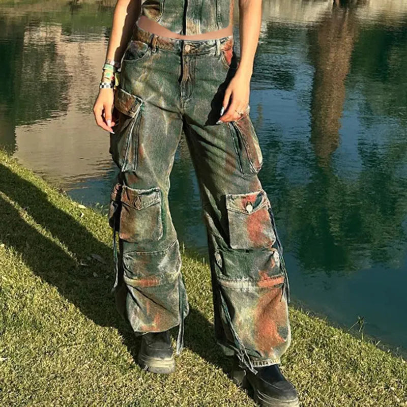 Loose blue denim cargo trousers with multi-pockets in a retro colour gradient.