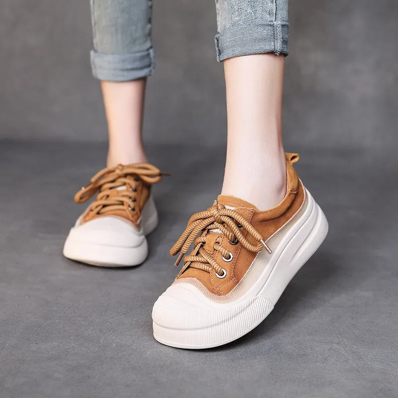 Women's yellow and cameo brown round-toe lace-up casual shoes with cow leather uppers.