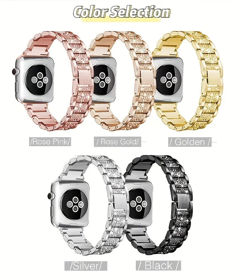 Metal diamond-encrusted watch band in rose gold colour, adjustable bracelet style for women