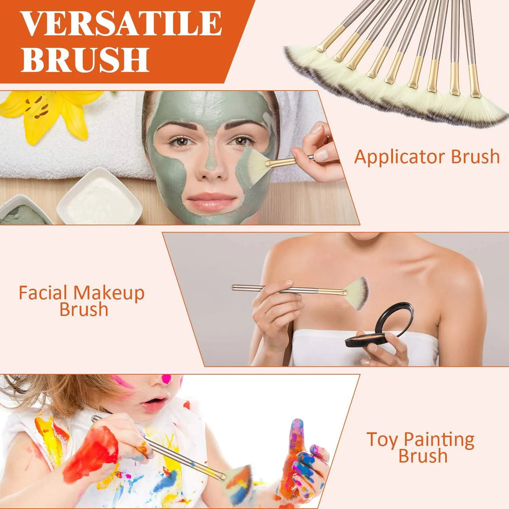 Set of 10 professional facial fan brushes with acrylic handles and protective covers