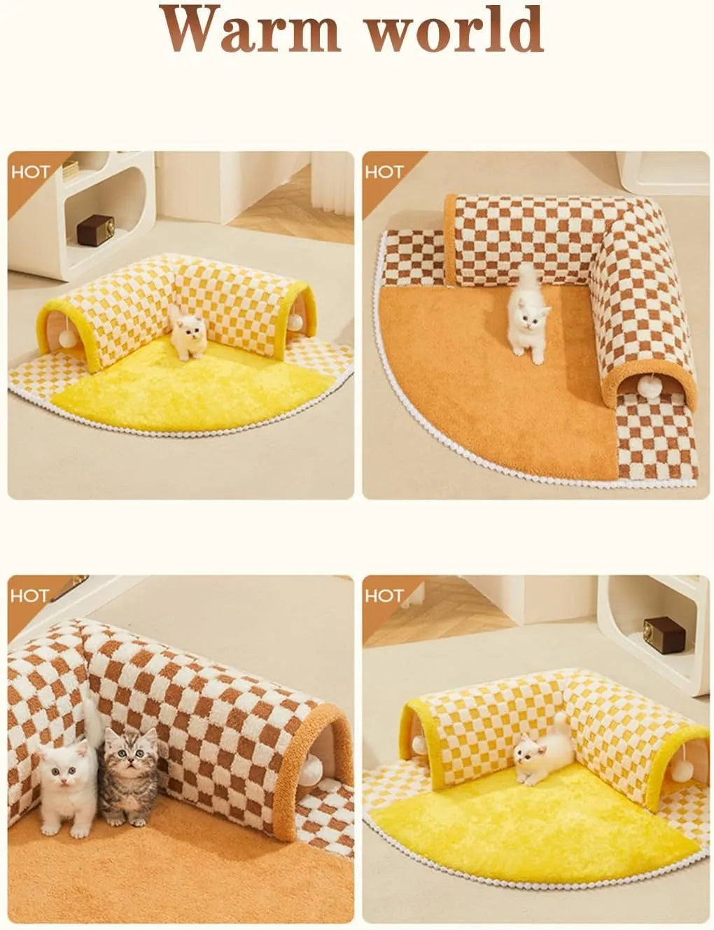 Plush plaid cat tunnel bed with non-slip bottom and central mat for indoor cats