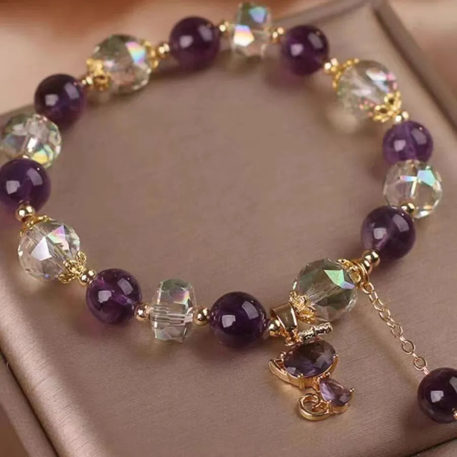 Natural amethyst fox pendant bracelet with purple crystal five-leaf flower and nine-tailed fox design