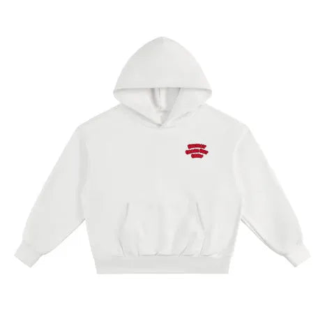 White hooded pocket sweatshirt men's loose fit pullover with print and embroidery, sizes M to XXL