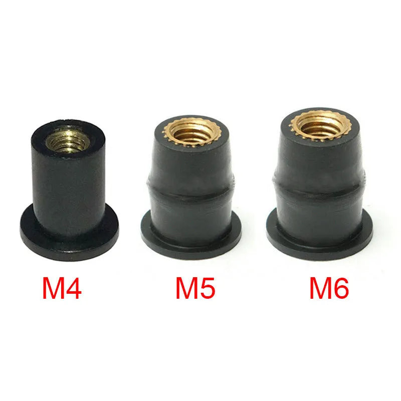 Set of black rubber brass expansion well nut fasteners for motorcycle windshield mounting