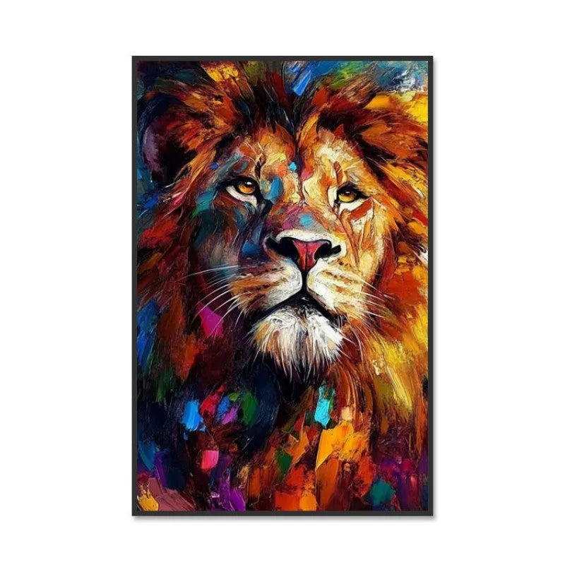 Hand painted colourful lion oil painting on canvas, vertical abstract animal wall art without frame