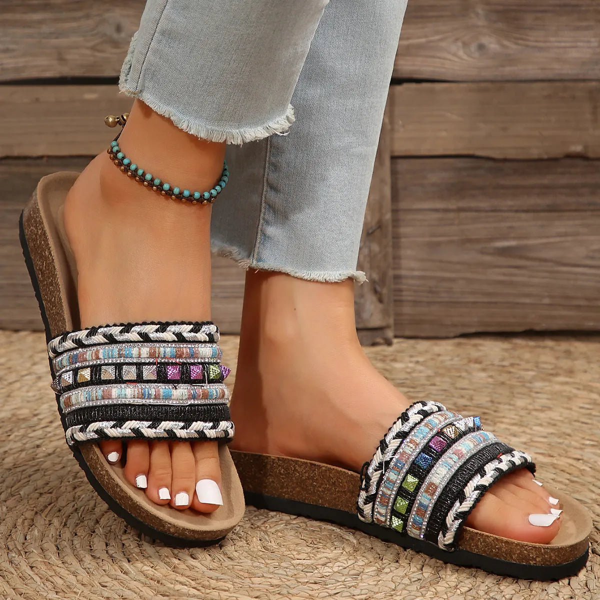 Ethnic style platform slippers with rivet detail, linen upper, PVC sole, round toe, sizes 36-43.