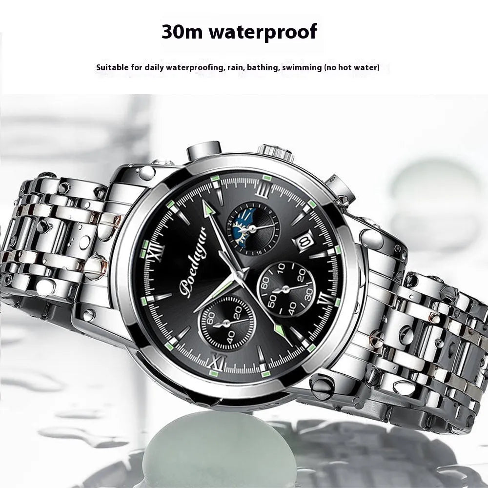 Men's waterproof luminous multifunctional watch with steel strap and black dial showing calendar