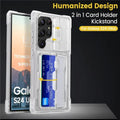 Black S24 Ultra phone case with card holder and sliding bracket