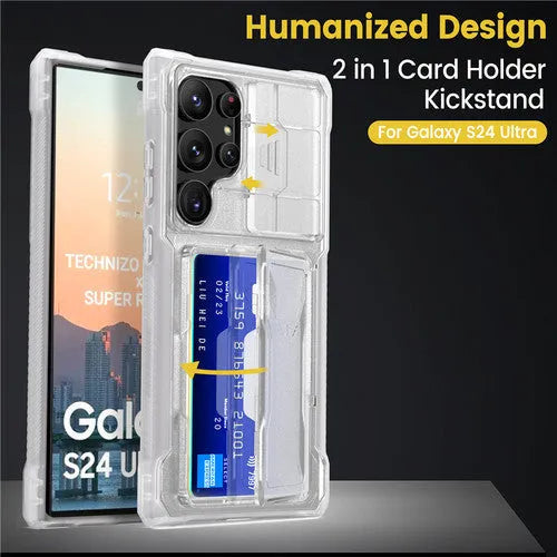 Black S24 Ultra phone case with card holder and sliding bracket