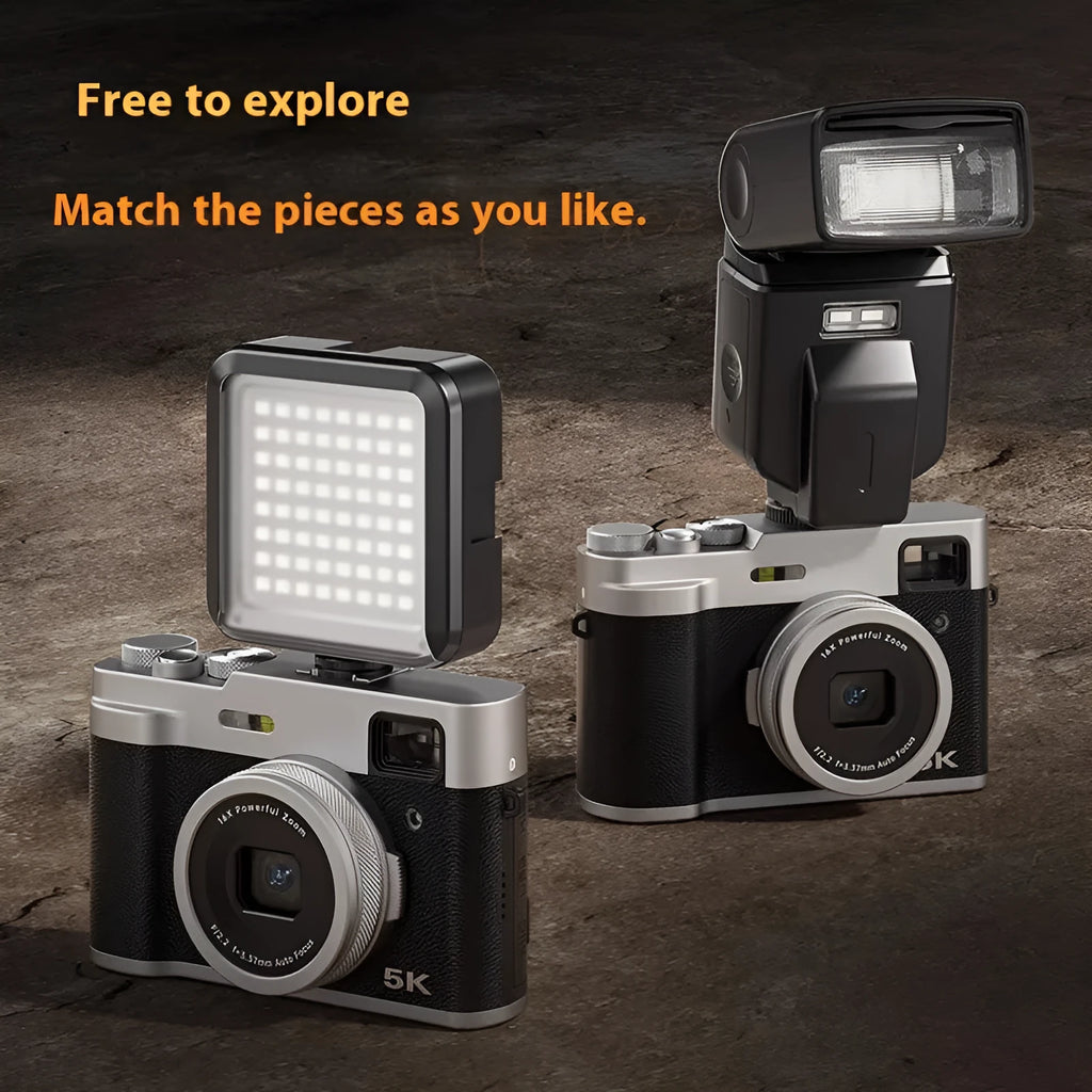 Black 5K digital camera with front and rear lenses, optical viewfinder, and a 2.88-inch display screen on the back.