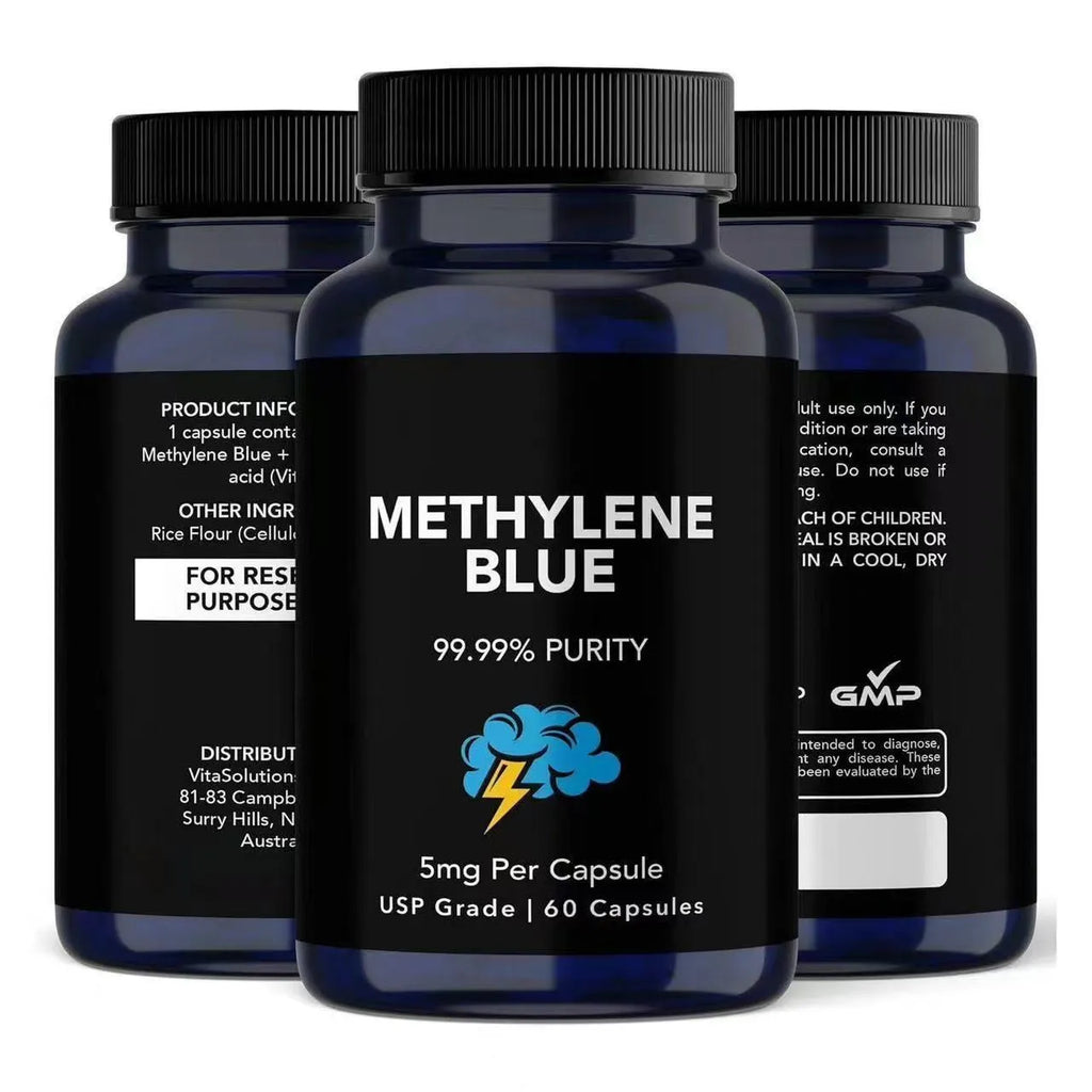 White methylene blue capsule supplement bottle containing 60 tablets