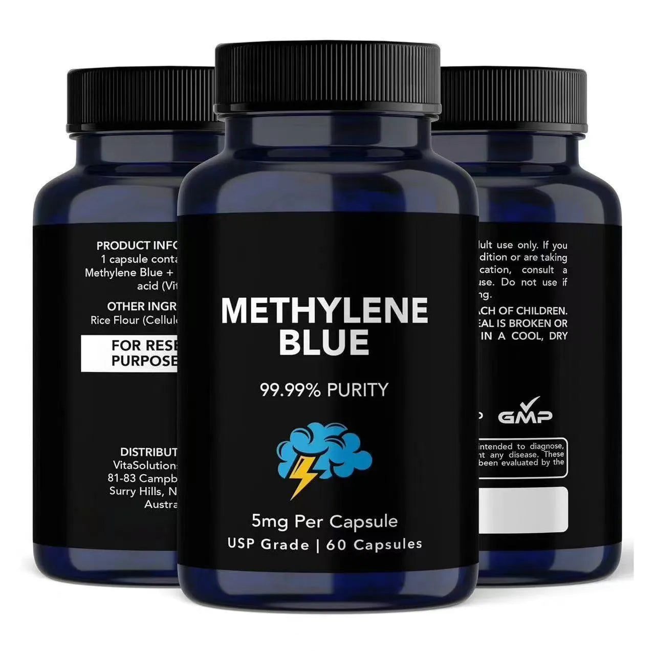 White methylene blue capsule supplement bottle containing 60 tablets