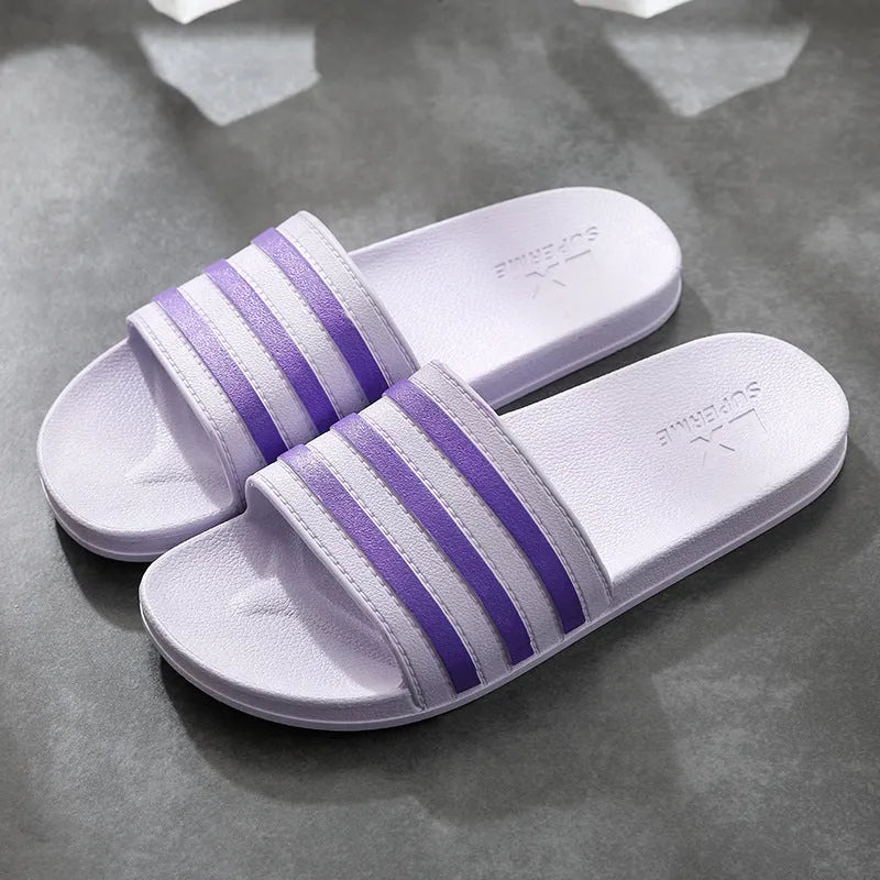 White stripes PVC bathroom slippers for women and men with three-bar design and injection moulded sole