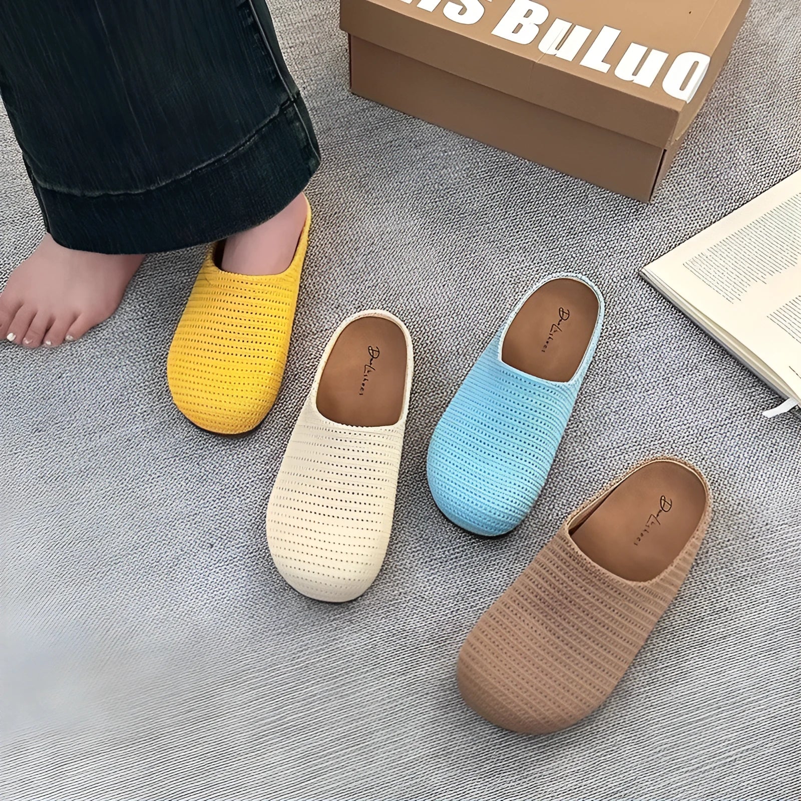 Women's beige cloth boken slippers with non-slip rubber sole, shown in size 38.