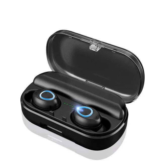 Black Bluetooth headset with LED display showing battery level, earplug style, binaural stereo