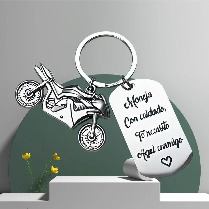 Stainless steel motorcycle key ring with modern simple design and flannel storage bag
