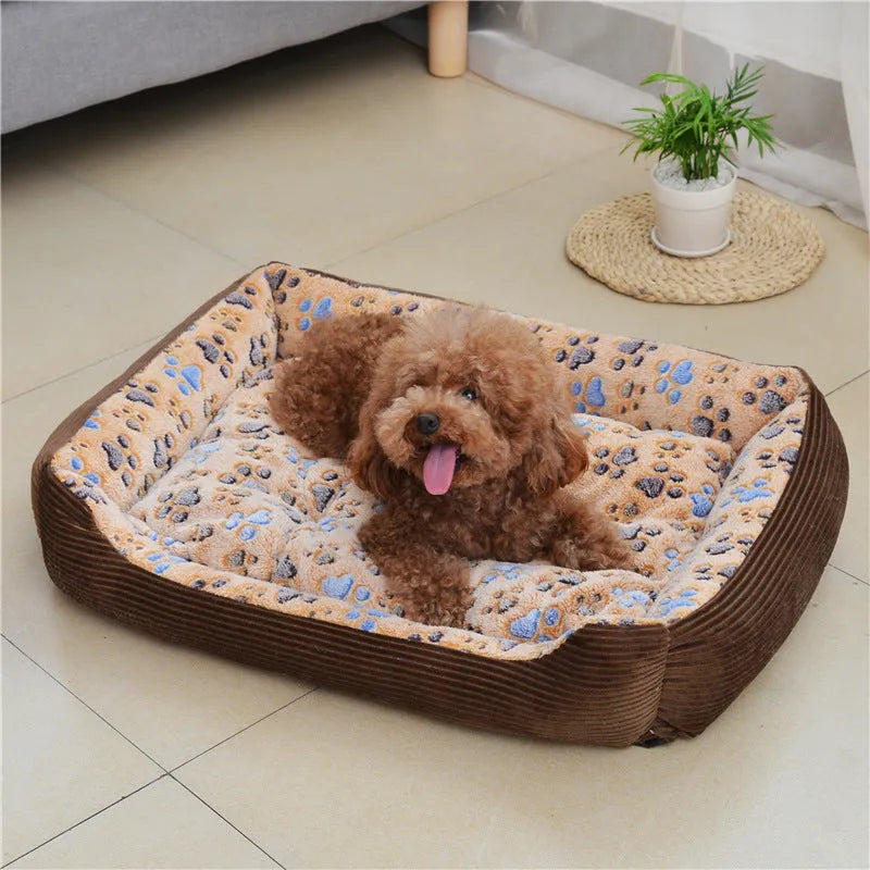 Beige plush sofa dog bed with raised rim for a small dog, showing non-slip base.