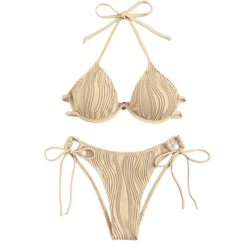 Women's apricot coloured bikini set with underwire cups and adjustable ties.