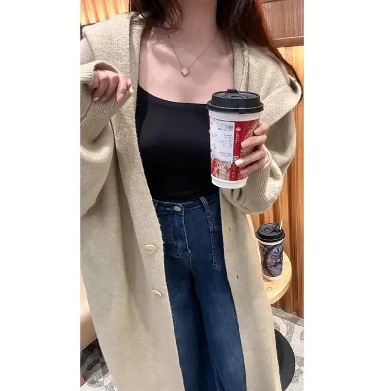 Long grey hooded knitted cardigan for women in casual Korean style
