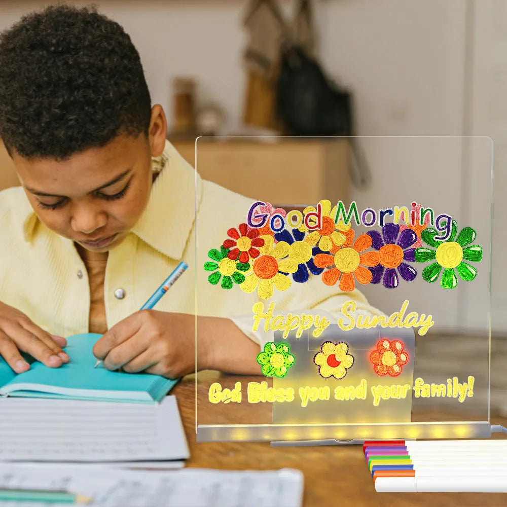 Reusable LED drawing board with transparent acrylic surface, adjustable stand, USB light, and pen in four sizes