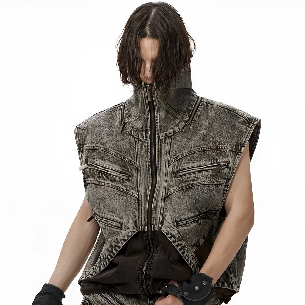 Men's denim vest jacket with front zipper, sleeveless design in cotton fabric