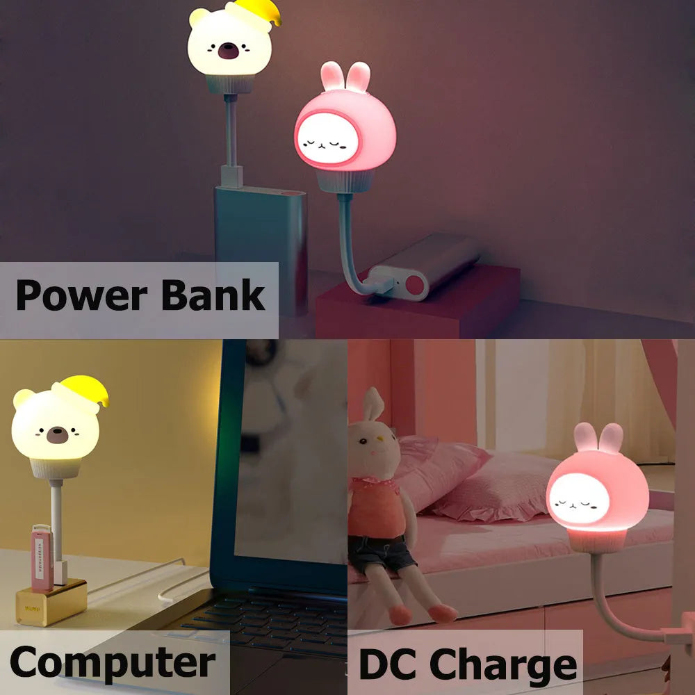 USB portable LED night light with remote control in cartoon bear design on bedside table
