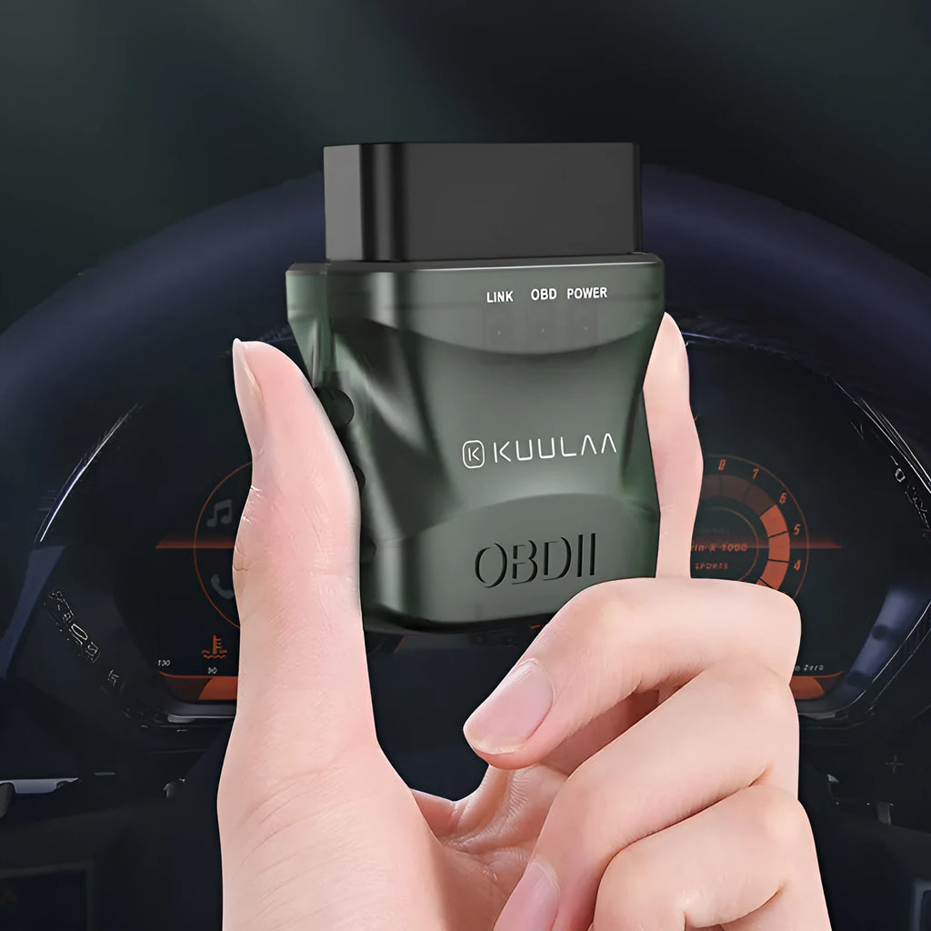 Green plastic Bluetooth OBD auto fault detector with user manual and packing box