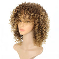 Light gold curly synthetic lace front wig with headband on elastic mesh cap in long length