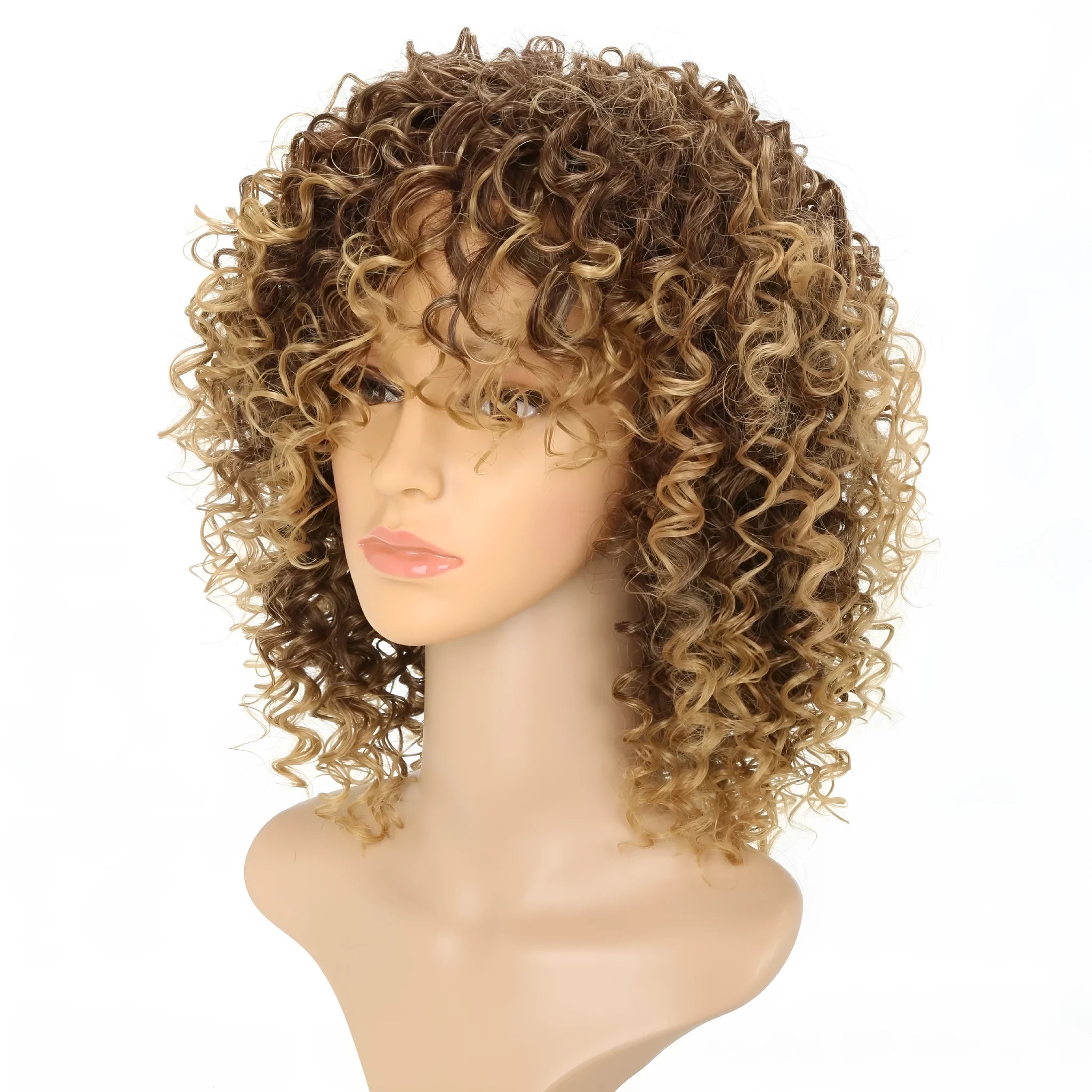 Light gold curly synthetic lace front wig with headband on elastic mesh cap in long length