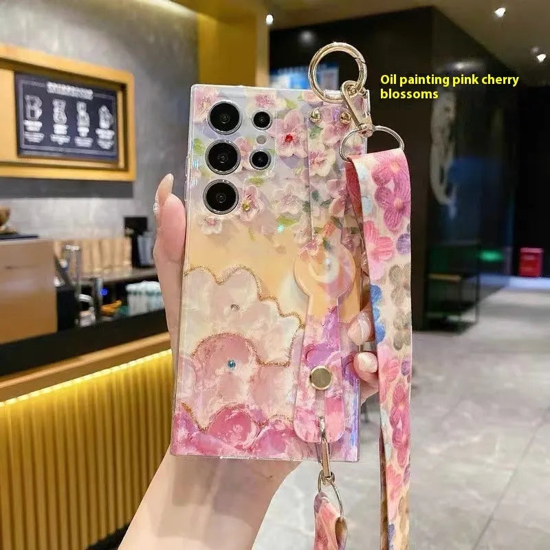 Oil painting flower phone case with rhinestone wristband lanyard for Samsung, blue purple flower design