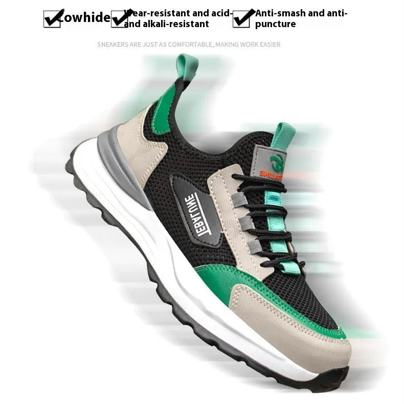 Black and green men's low-top steel toe safety shoes with a mesh upper and plastic toe cap.
