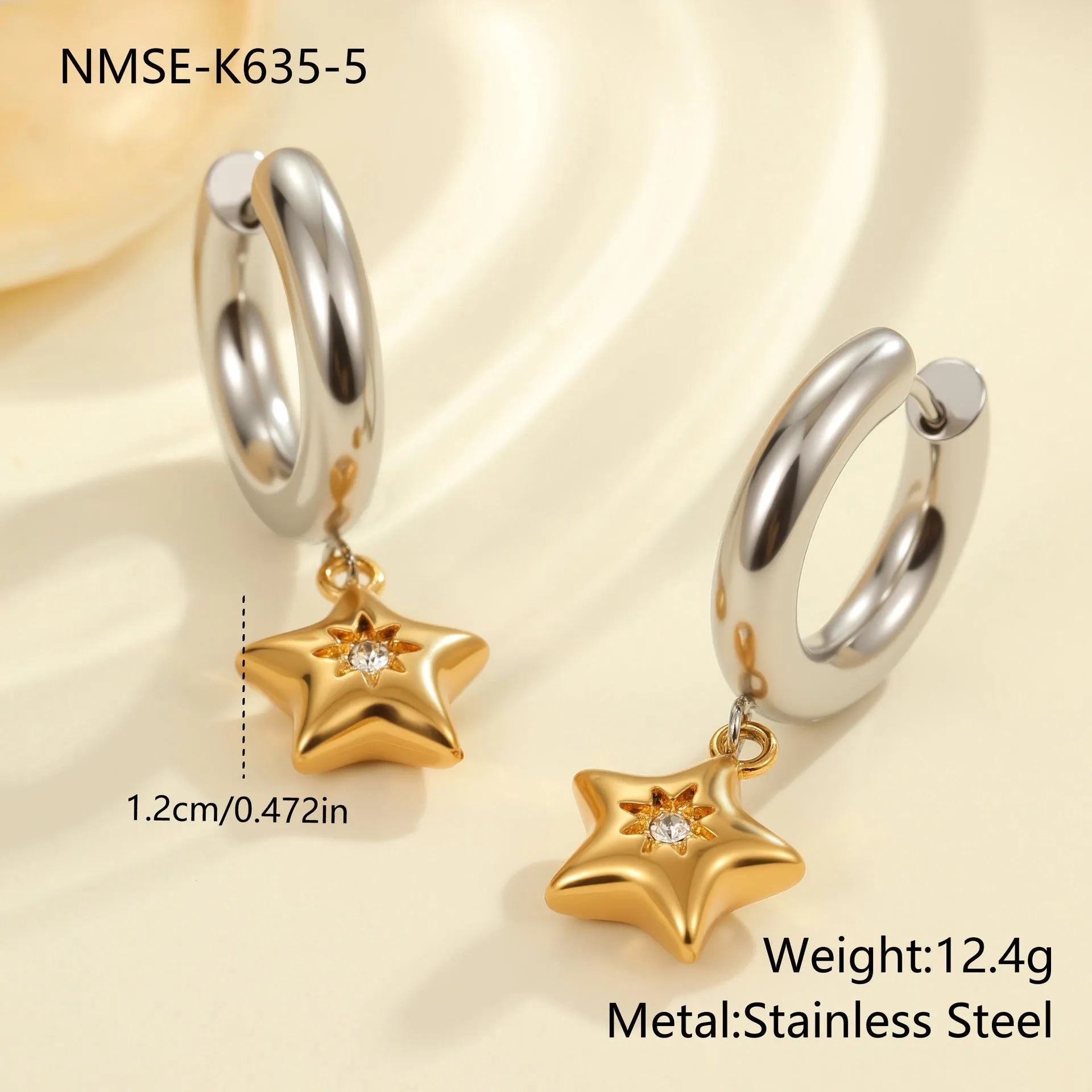 Stainless steel geometric earrings with 18K electroplated finish showing heart and star shapes