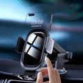 Black QI wireless car charger with suction cup holder and air outlet clip, 15W output, customisable luminous logo.