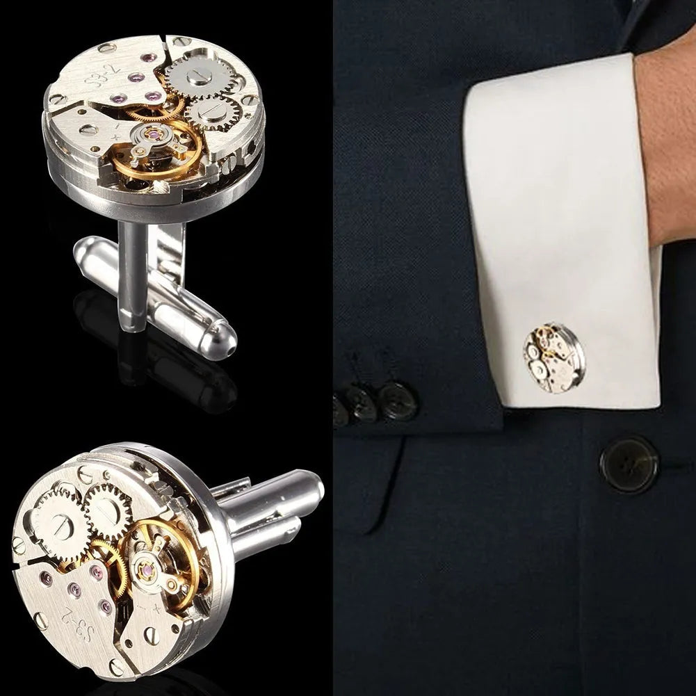 Men's silver mechanical cufflinks with copper case and stainless steel movement, geometric design, on shirt