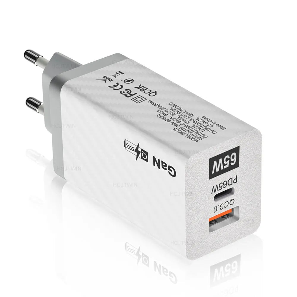 65W GaN USB-C laptop charger in black or white with compact 38mm x 35mm dimensions