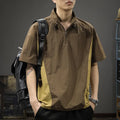 Brown men's short sleeve shirt with half-zip stand collar, made from ice silk fabric.